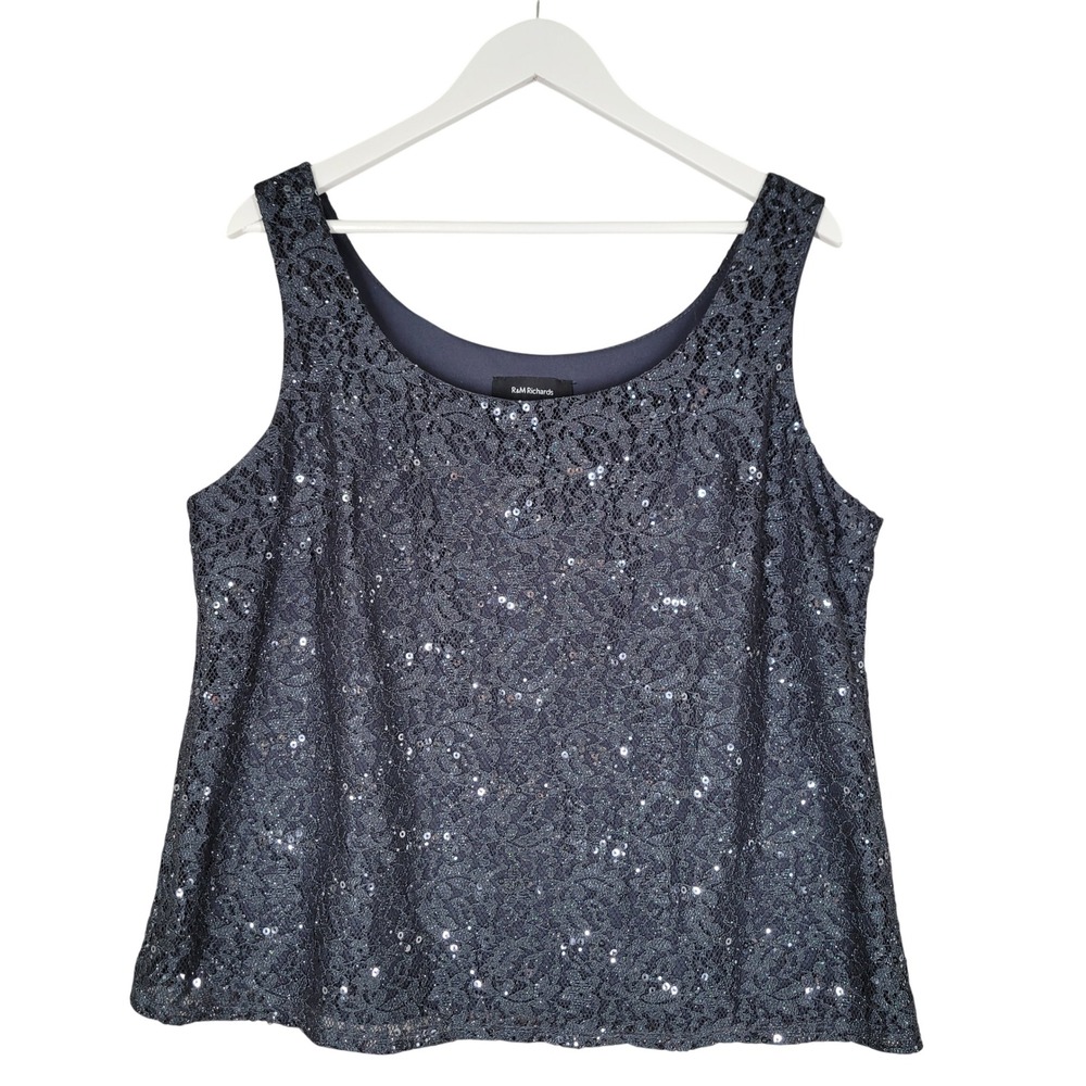 R&M Richards Tank Top Women 16 Gray Sequin Lace Sleeveless Scoop Neck Blouse